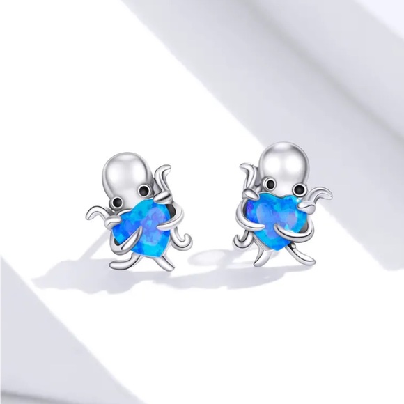 Sterling Silver Blue Heart Octopus Stud Earrings - Picture 3 of 5